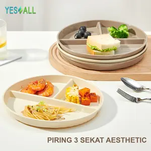 YESALL Piring Makan Aesthetic Piring 3 Sekat Microwave Safe BPA Free Piring Makan Anak Piring Saji Piring Snack Piring Buah Piring Sekat Perlengkapan Dapur Estetik Multifungsi