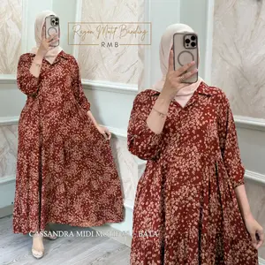 RMB Cassandra Midi Dress Rayon Motif Premium Bahan Katun Lembut & Jatuh Tampilan Flowy Elegan Kancing Depan Busui Tangan Wudhu Friendly Saku Kanan