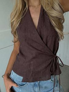 Top sin mangas con cuello en V y tiras cruzadas, estilo casual para vacaciones; camisa ajustada sin mangas de manga corta; diseño plano tipo H.