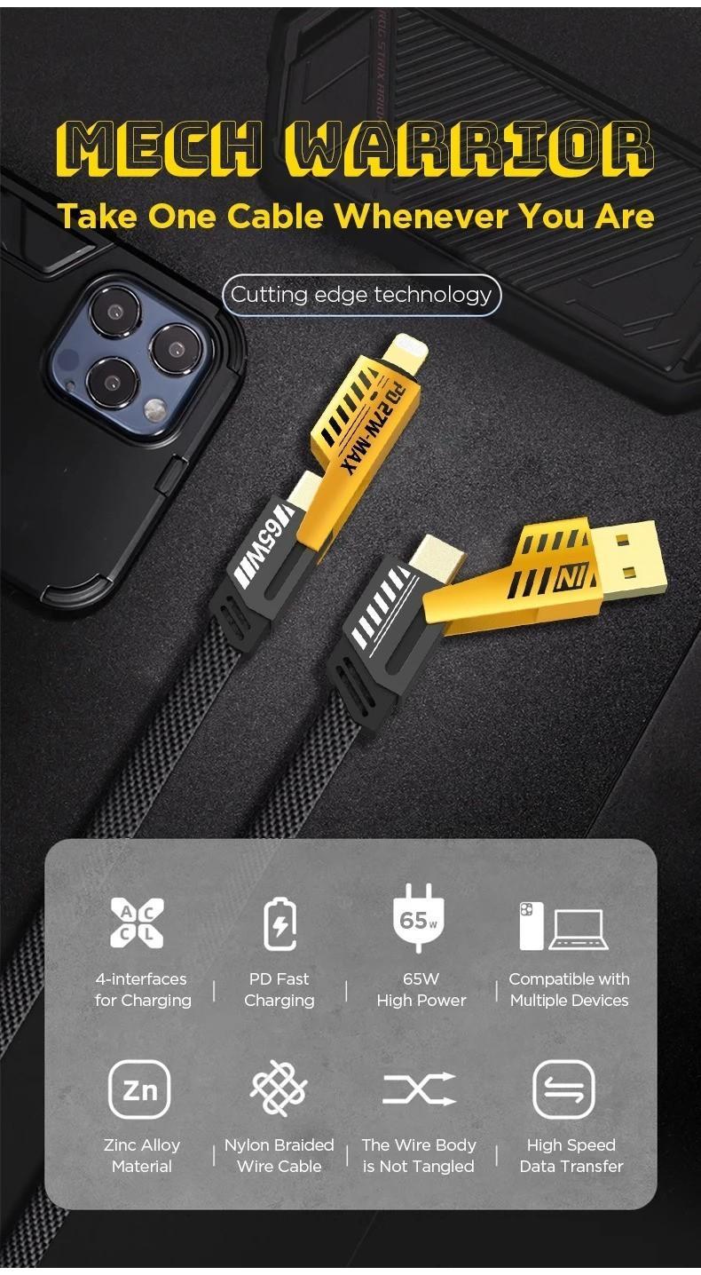 Kabel Charger 4-in-1 Gaya Mekanis Premium, Desain Futuristik Anti Putus, Fast Charging Serbaguna untuk HP & Tablet