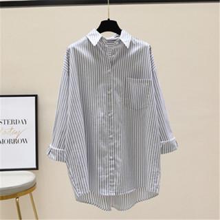 Briana Kemeja - Size S M L XL XXL 3XL 4XL/5L - Kemeja Wanita Jumbo - Kemeja Salur Jumbo - Kemeja Salur Jumbo - Kemeja Wanita Big Size Atasan Panjang Baju Kancing Katun Casual Kerja Oversize Navy Cewek 7