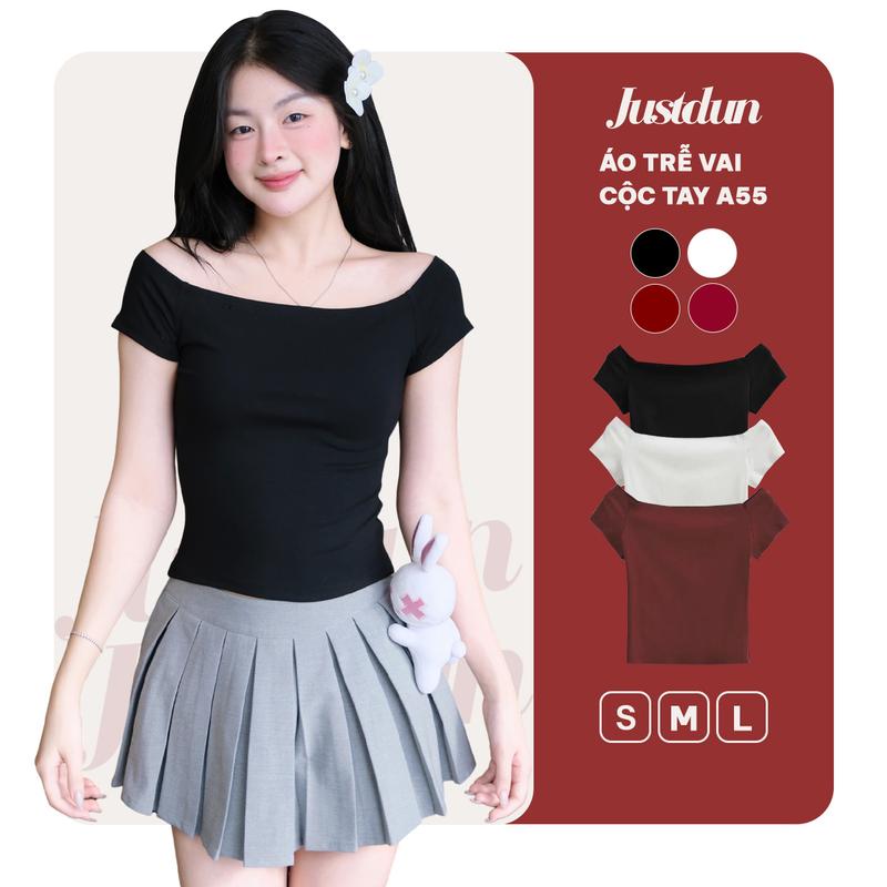 Áo Trễ Vai Tay Ngắn JUSTDUN A55 - Ôm Body Cotton Co Giãn 4 Chiều Thoải Mái Thoáng Mát Tôn Dáng