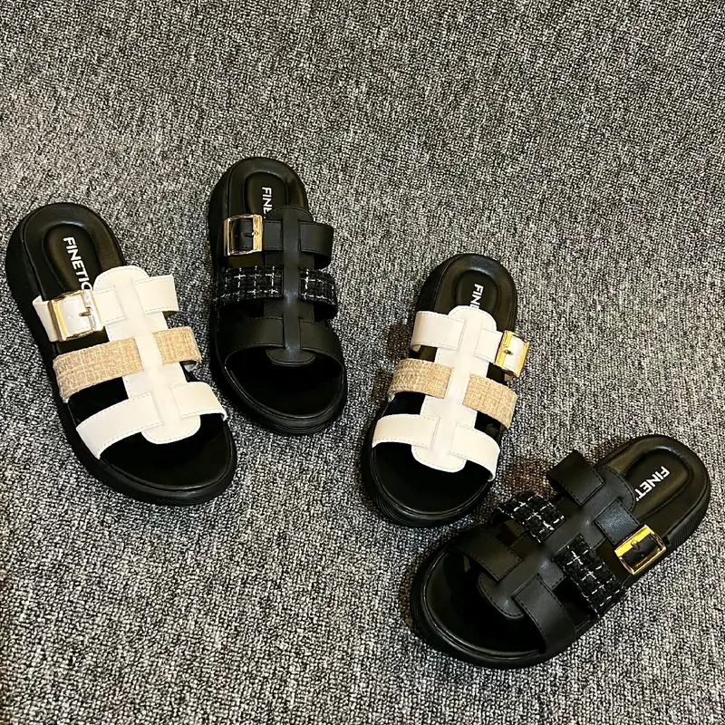 Finetic Sandal Slop Wanita Rajut Sendal Wedges Hak Tinggi 3 Cm Perempuan Shoes 2