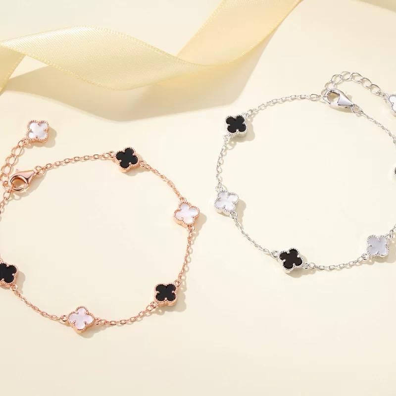 Gelang Tangan Wanita Titanium Sebalik Hitam Sebalik Putih dengan Berlian Buatan dan Bunga