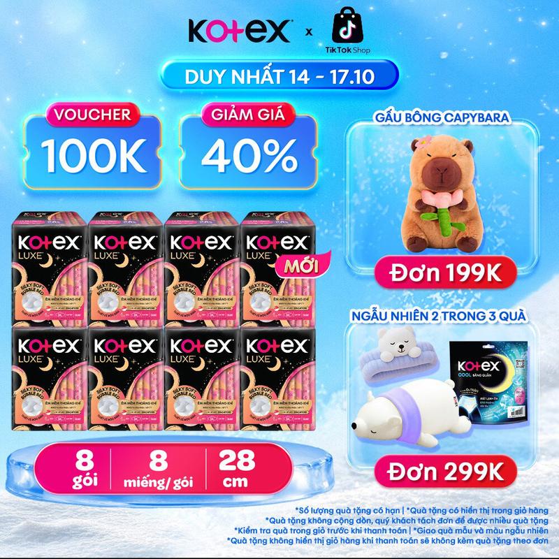 [QUÀ TẶNG HOT] 8 gói băng vệ sinh nữ Kotex Nhập Khẩu Luxe ban đêm 28cm, 8 miếng/gói, Siêu mỏng cánh, Cao cấp, Mặt bông êm mềm, khô thoáng, thấm hút nhanh, chống tràn, bvs kinh nguyệt nhiều, miễn phí vận chuyển, bvs chính hãng, tampon.