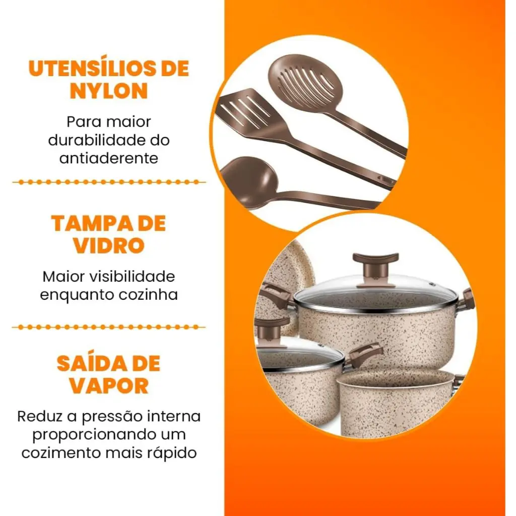 Jogo de Panelas 10 Peças Antiaderente com Tampa de Vidro Temperado Bianco Vanilla Varias Cores Conjunto Kit Teflon D'italia Cozinha Completa - 9