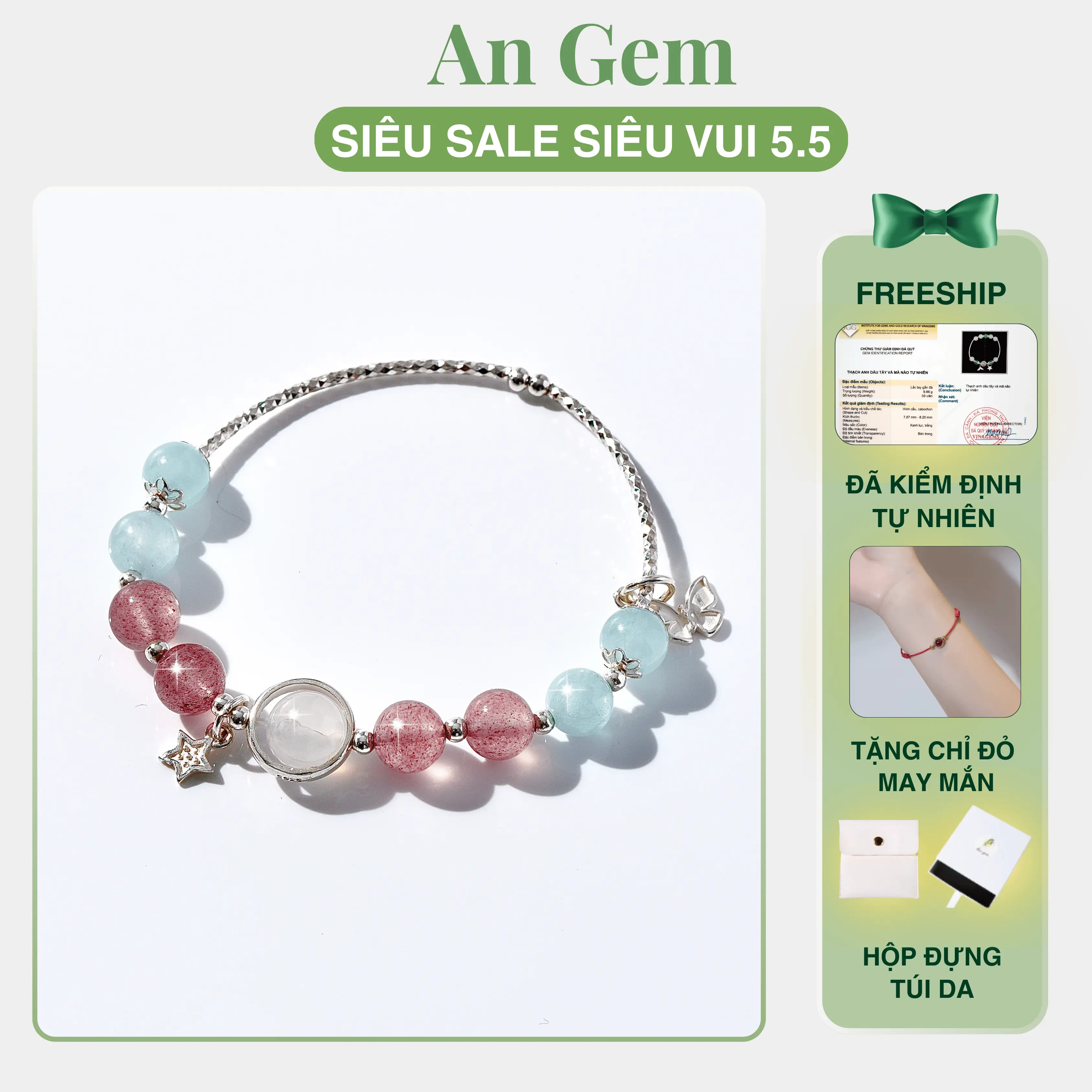 Vòng tay nữ bạc S925 mix đá tự nhiên kèm charm tinh tế An Gem, lắc tay nữ đá năng lượng bạc freesize phụ kiện đeo tay phong thuỷ quà tặng sinh nhật giáng sinh Noel Tết Valentine  [TẶNG VÒNG CHỈ ĐỎ]