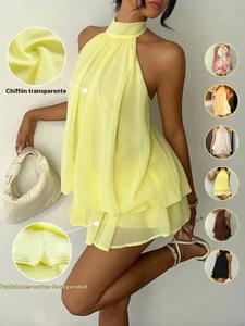 Mini vestido de gasa para mujer con lazo halter, vestido de citas, de noche, de verano, atuendos para luna de miel. Vestido de invitada de boda, ropa para vacaciones en la isla, vestidos elegantes.
