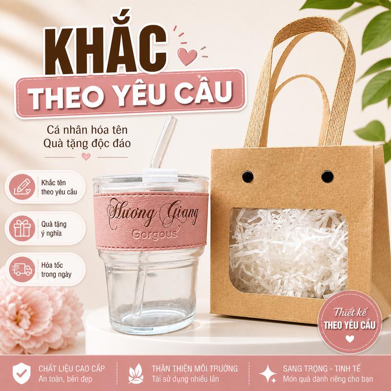 Cốc thủy tinh CHOUCHOU Gorgous có ống hút và bao da đi kèm 420 ml - Có 6 Màu bin