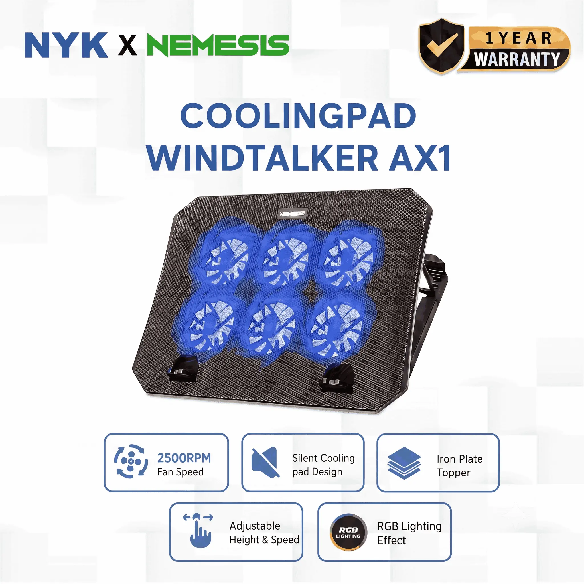 NYK Nemesis Cooling Pad Laptop  WINDTALKER AX1 Kipas Pendingin Laptop RGB 6 Fan 2500RPM Silent Cooler Pad Notebook Iron Plate Topper Adjustable Height Speed Up To 17 Inch Dudukan Laptop Stand Kipas  Murah Original Garansi Resmi
