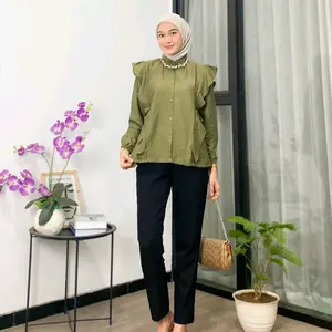 Kemeja Wanita Lengan Panjang - Blouse Polos Atasan bahan polo linen Simpel Elegan Outfit Cewek Kantor Kuliah Kekinian Oversize