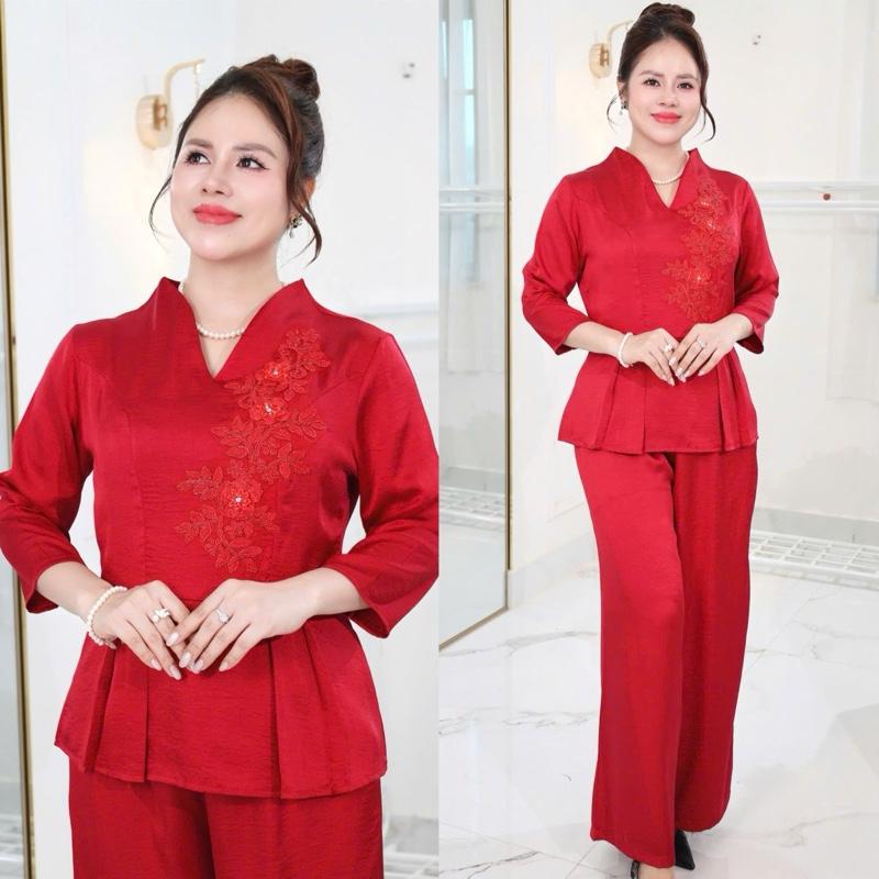    HÀNG CAO CẤP   đồ trung niên cách điệu đồ bộ cho mẹ,áo kiểu cổ sen quần dài ống rộng  chất lụa nhập cao cấp  CC56 Nữ Women Top Ong 