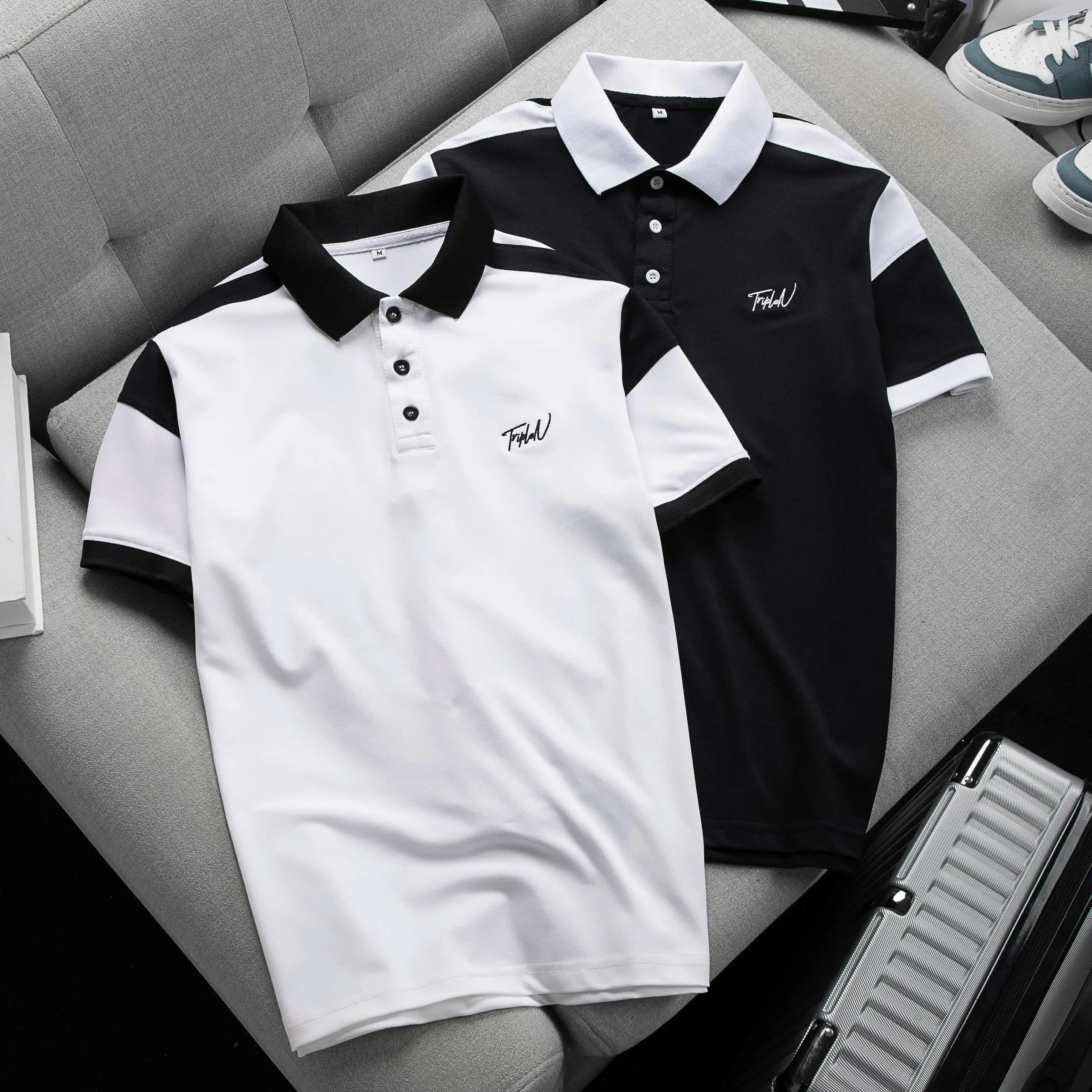 Áo thun polo nam phối màu trắng đen thời trang, chất vải cá sấu thoáng mát Menswear Có Cổ Ngắn Tay