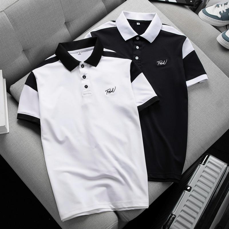 Áo thun polo nam phối màu trắng đen thời trang, chất vải cá sấu thoáng mát Menswear Có Cổ Ngắn Tay