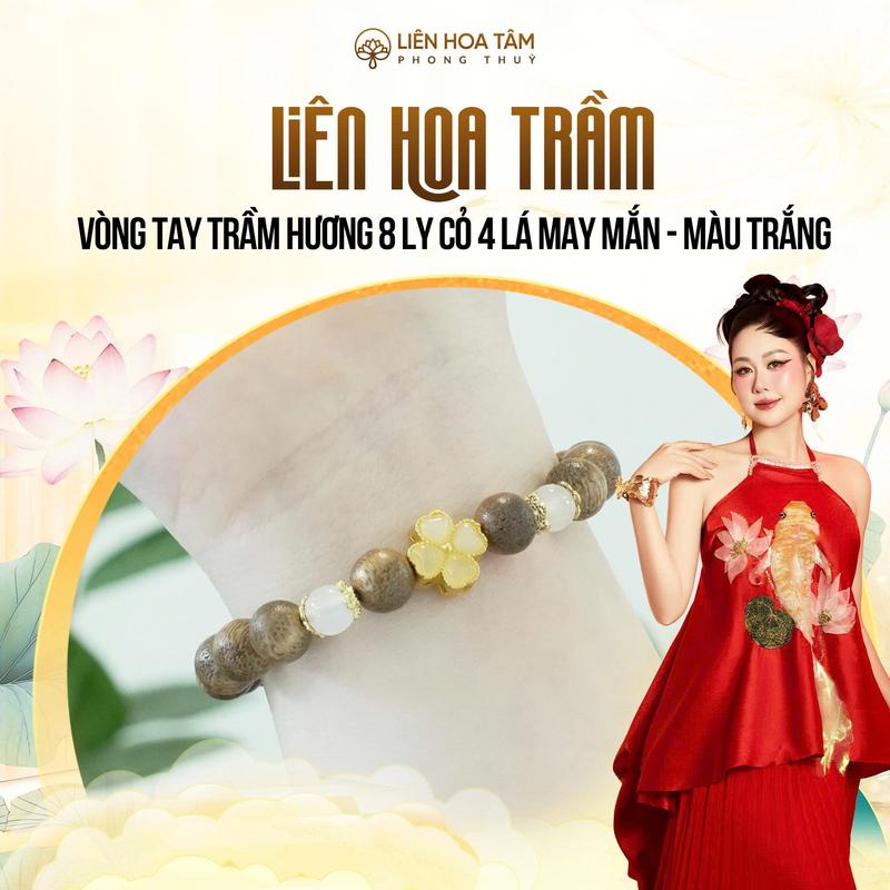  Vòng Tay Trầm Hương 8 Ly cỏ 4 lá may mắn 