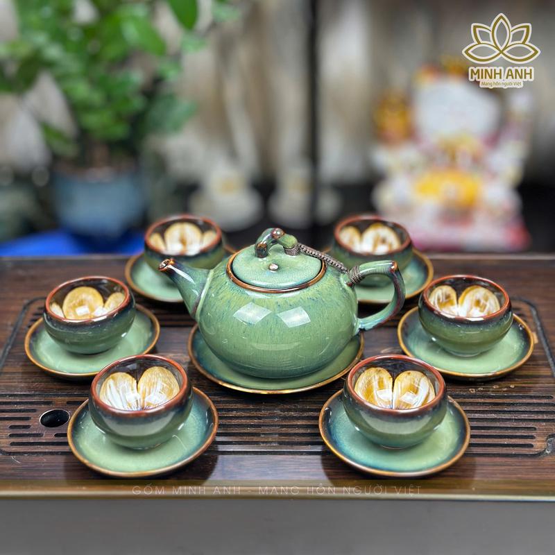  Bộ ấm chén Bát Tràng dáng quả Hồng men Hỏa biến màu Xanh Thân Tre 