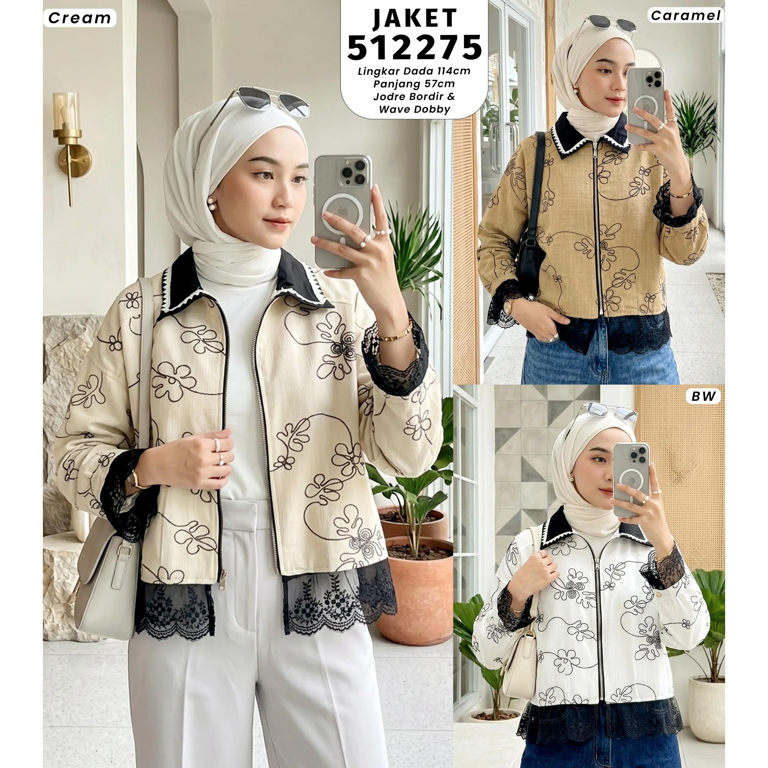 EXTU HERITAGE - Chika Jaket Bordir Line Art Muslimah Kerah Renda Zipper Allsize