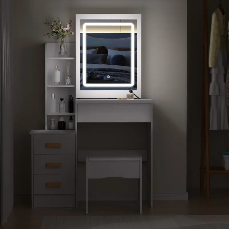 Vanity Desk with Sliding Mirror and Lights, Bedroom Dressing Table, Makeup Table with Drawers & Shelves, Hidden Storage Space 5