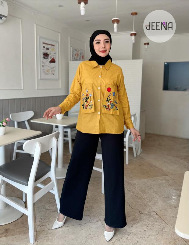 Jeena - Alya Shirt Baju Nyaman Mustard | Pink & Mint Tersedia Atasan Basic Casual Oversize Linen Muslim Panjang Simple 2