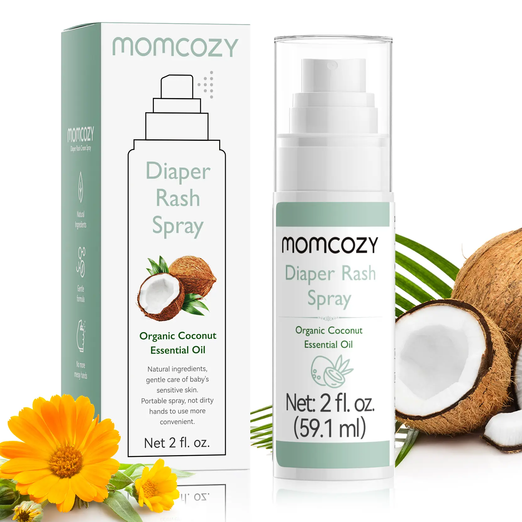 Baby Diaper Rash Cream Spray, Single Hand Diaper Spray Daily Use for Skin Care, Natural Ingredients Coconut Diaper Cream, Fragrances Free Hypoallergenic for Sensitive Skin