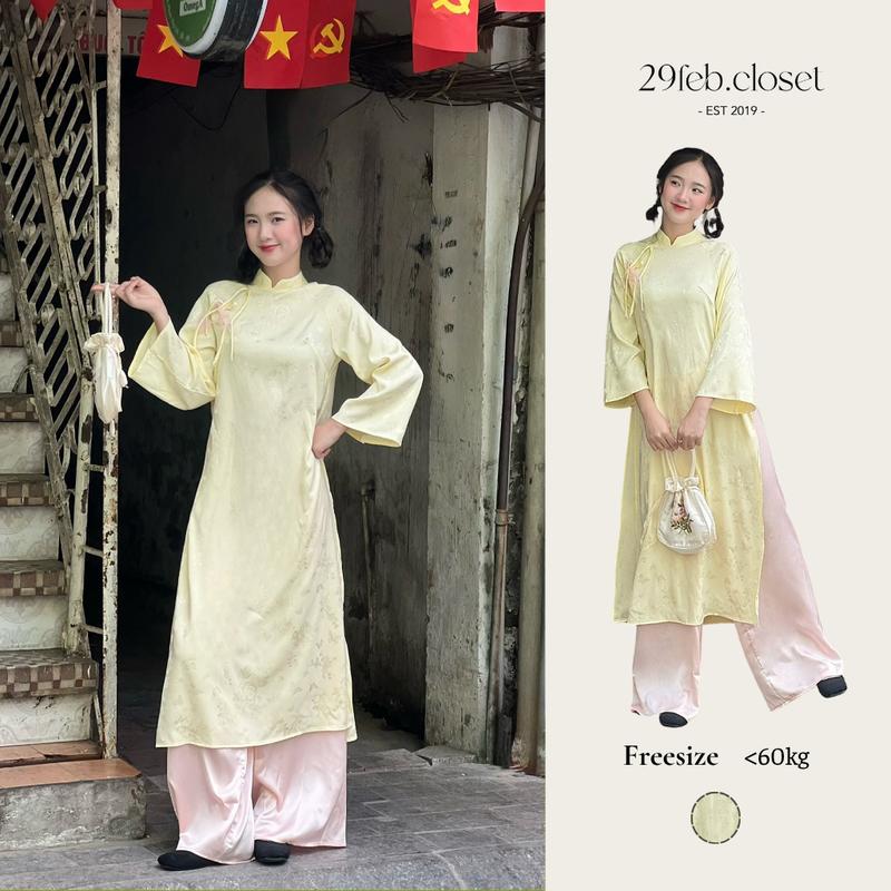 Áo dài lụa gấm Điệp Hoa tay loe phối dây buộc nơ điệu đà kèm quần lụa Satin - 29feb.closet - S282