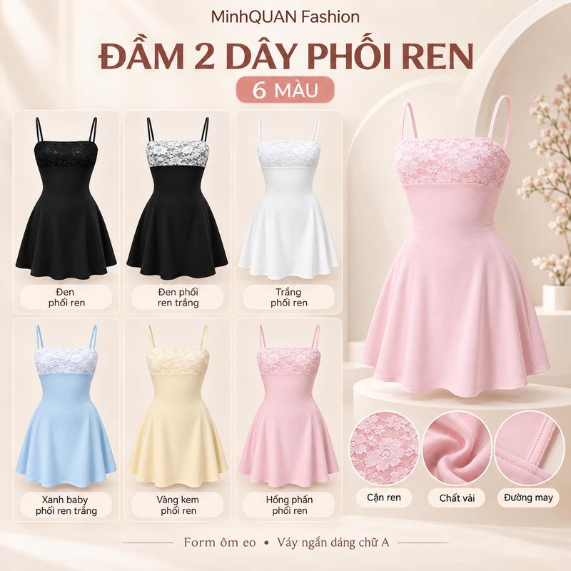 Đầm 2 Dây Nữ Phối Ren Ngực Dáng Xòe Tôn Eo Váy Mini Hai Dây Phối Ren Nữ Tính 6 Màu Hồng Trắng Xanh Vàng Đen Form Ôm Nhẹ Chiết Eo Xòe Phần Chân Váy