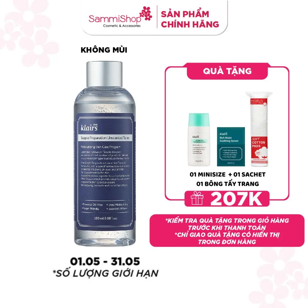 KLAIRS Supple Preparation Unscented Toner 180ml - Nước hoa hồng ( Dưỡng Ẩm Da ) LC