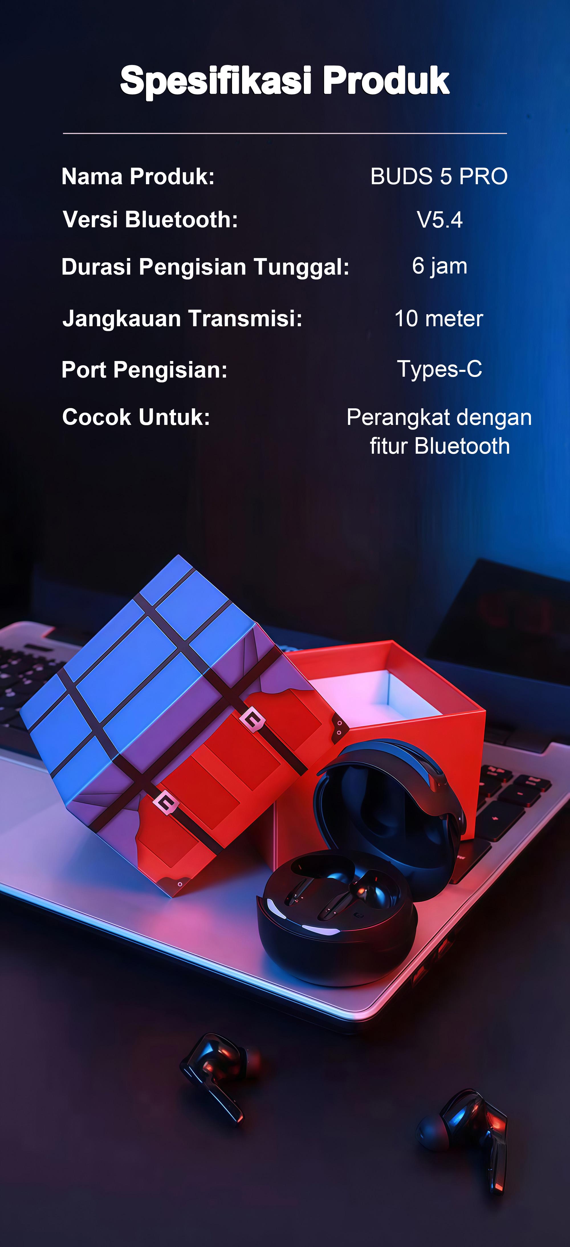 BUDS 5 PRO Earphone Gaming Terbaru, Desain Helm Eksklusif Global, Efek Lampu Keren, Suara Stereo HiFi, Tahan Air IPX5, Mikrofon Built-in, Peredam Bising ENC, Kontrol Sentuh, Cocok untuk iPhone dan Android