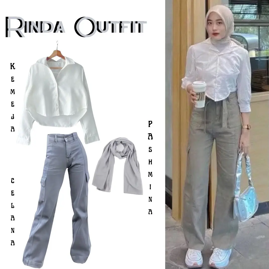 Rinda Outfit 3in1 (Kemeja Crop, Celana Kargo, Pashmina) Oneset Casual Korean