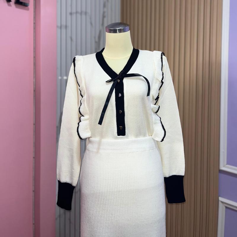 Jasminebymels - Oneset Lily Blouse Rok Rajut Oneset Rajut Atasan Baju Atasan Baju Panjang Santai 0