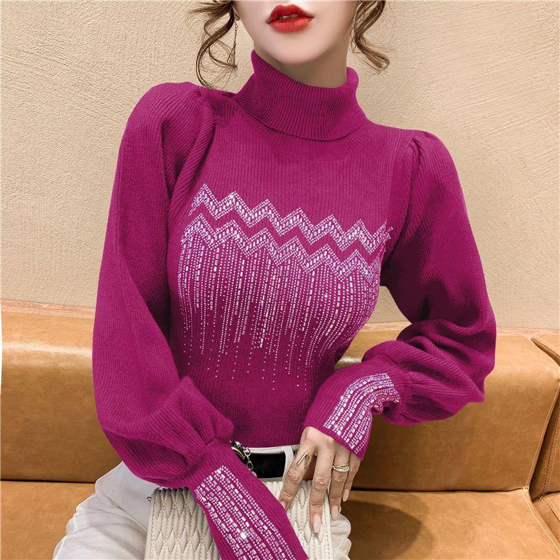 Product Introduction of Solid Color Diamonds Turtleneck  Sweaters Autumn Winter Female Commute Fashion Lantern Sleeve Thick Knitted Jumpers 11