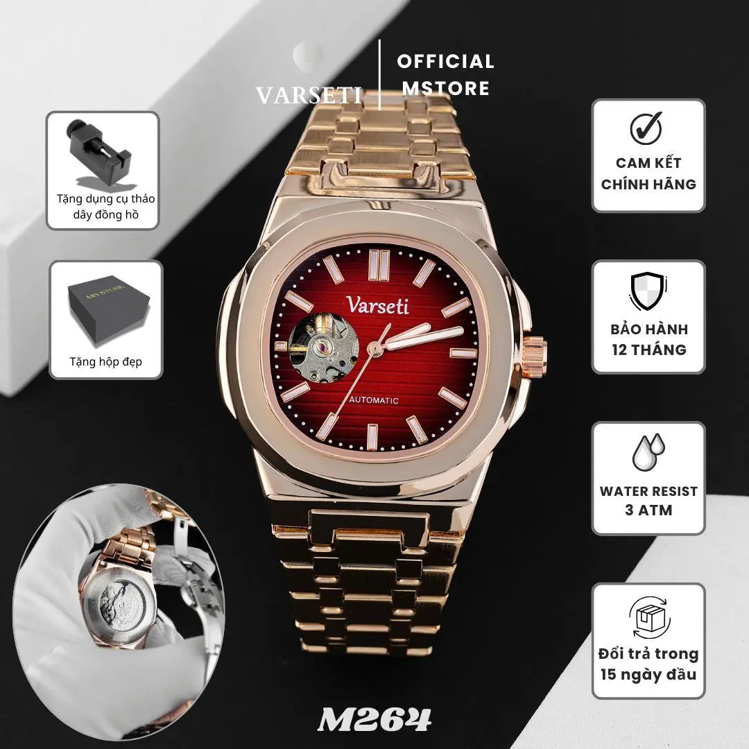 [MSSTORE AFF] Đồng Hồ Nam Varseti Automatic Dây Kim Loại viền trơn tinh xảo có lộ cơ sang trọng, chống nước 3ATM