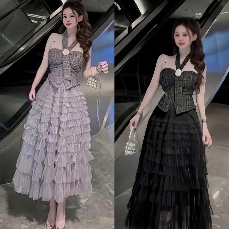 SET VÁY NỮ CHẤT ÁO DẠ CỔ YẾM ĐÍNH HOA MOCKING SAU LƯNG MIX CHÂN VÁY TẦNG DÁNG DÀI XÒE tôn dáng sang chảnh phù hợp cho các nàng đi tiệc đi chơi đều xinh xắn đáng yêu