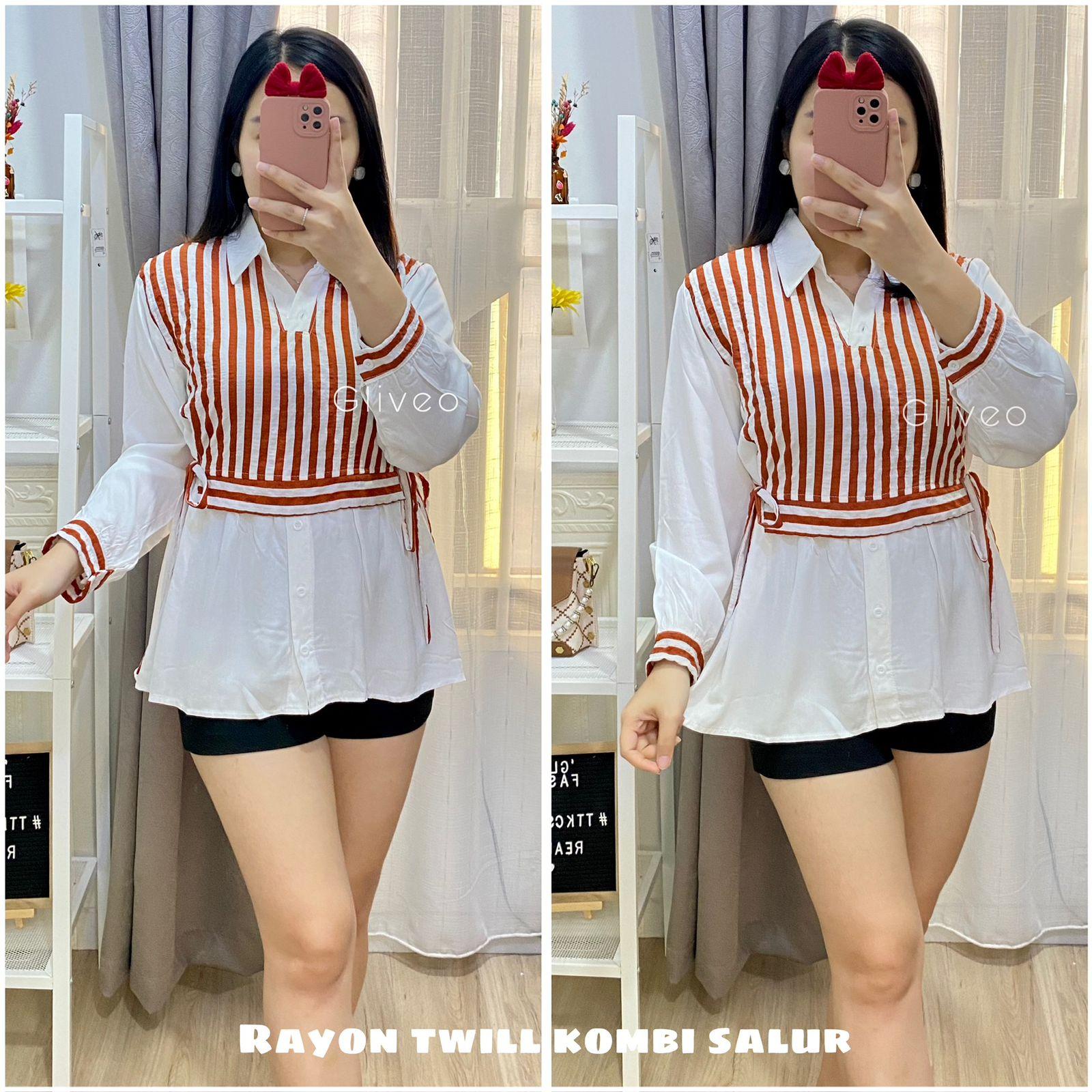 GLIVEO (COD) - KEMEJA KOMBI SALUR RAYON TWILL ADEM / KEMEJA SALUR WANITA LENGAN PANJANG/ ATASAN LENGAN PANJANG WANITA baju karya stripe