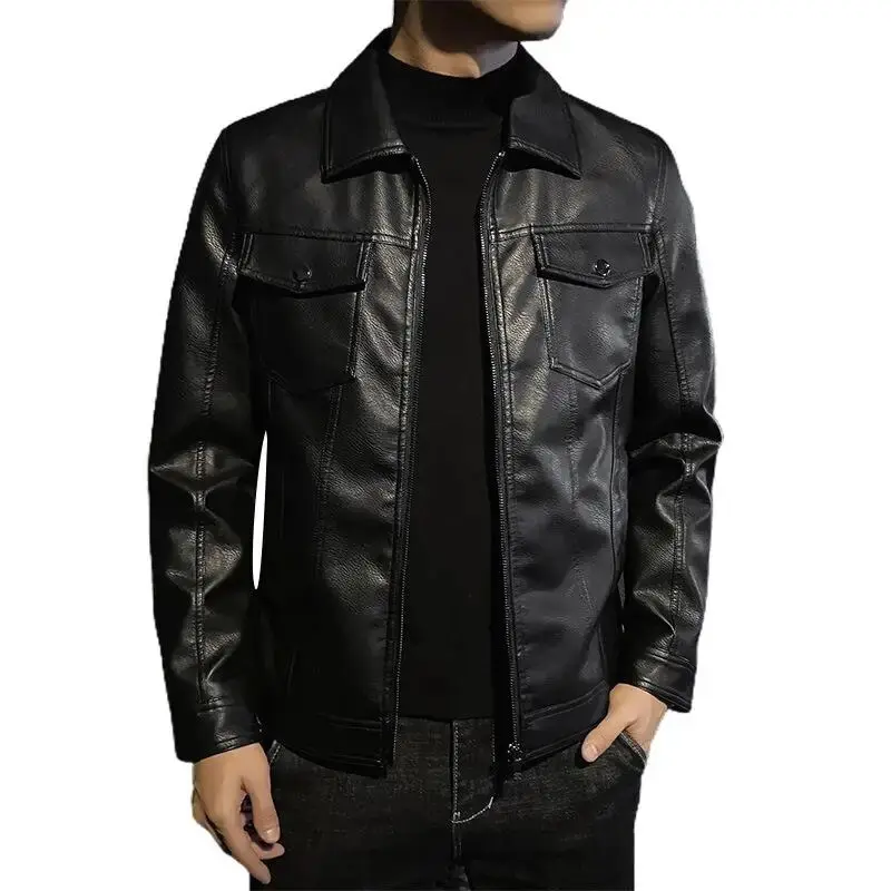 QnX - Jaket Kulit Pria Casual Autumn And Winter Men's Jacket Casual Leather Jacket Black Motorcycle 4