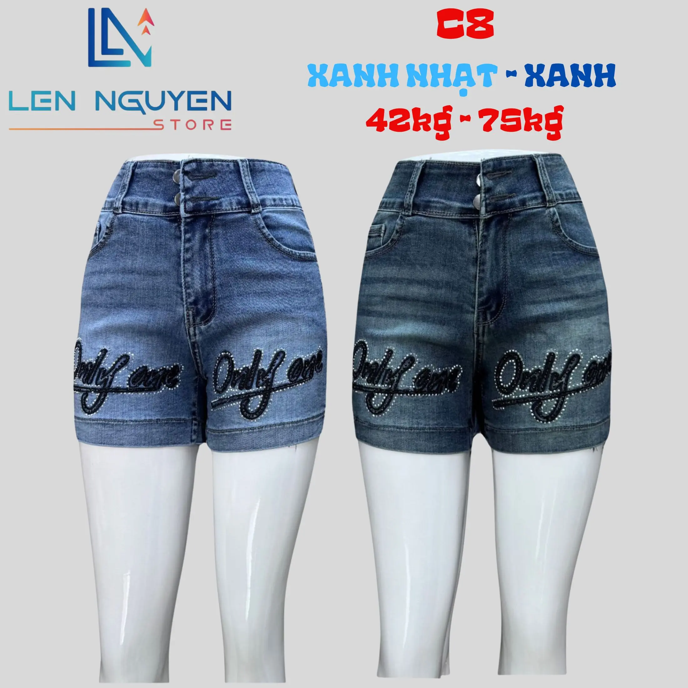 C8 [ Len Nguyen Store ] Quần Jean (Bò) Nữ Đùi (Shot) Dài 30-35cm, Màu Xám, Xanh, Size 42kg-75kg, Thiết Kế  Thêu Đá Only, Lưng Cao 2 Nút, Co Giãn, Mền Mịn, Bigsize, Hotgirl, Skinny, Ống Ôm, Trẻ Trung, Tự Tin, Dễ Phối Đồ. Women Pants Denim