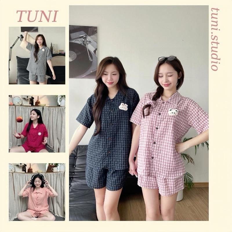 (KÈM CHARM) Bộ Đồ Ngủ Kiểu Nữ Chất Thô Xốp Dáng Ngắn Hoạ Tiết Kẻ Caro Form Rộng Nhiều Màu Tuni.studio T01