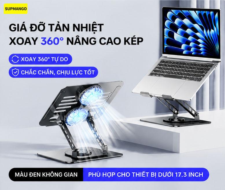Đế tản nhiệt chống trượt bằng kim loại cho laptop, trang bị 2 quạt lớn, làm mát nhanh, chống ồn, hiệu quả hạ nhiệt cho laptop, chiều cao có thể điều chỉnh, gập được, phù hợp với laptop từ 13-17,3 inch