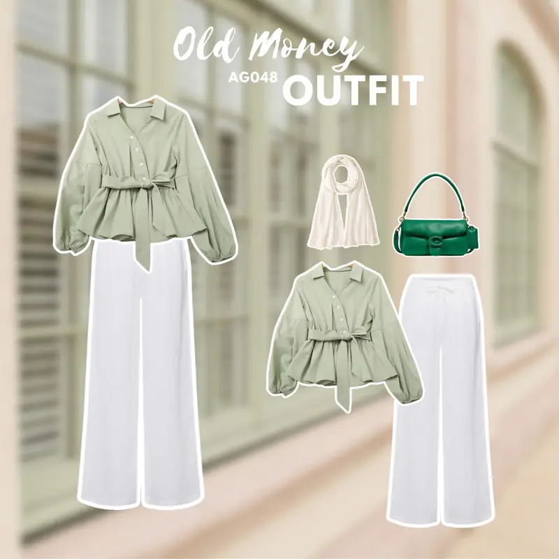 One Set Outfit Set KEkinian Korean Style Blouse Sage + Celana Putih + Hijab SET AG048 Kulot Scuba Setelan Wanita Atasan Remaja Muslim Baju 0
