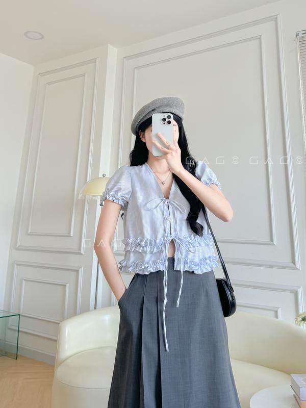 Áo Croptop Babydoll Bèo GAGO Brand Hot Hè Du Lịch Cơ Bản Hằng Ngày Áo Kiểu Bèo Thời Trang Nữ