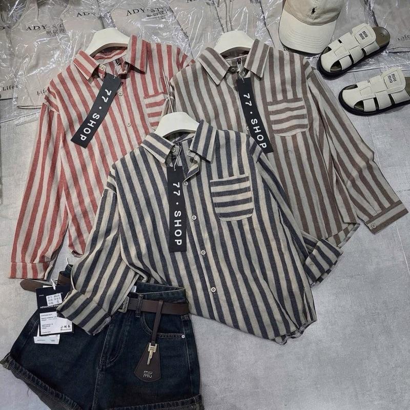 [Bigsize 60 - 90kg] Áo Sơ Mi Kẻ Sọc PHOM RỘNG Tay Dài, Dáng Dài Giấu Quần