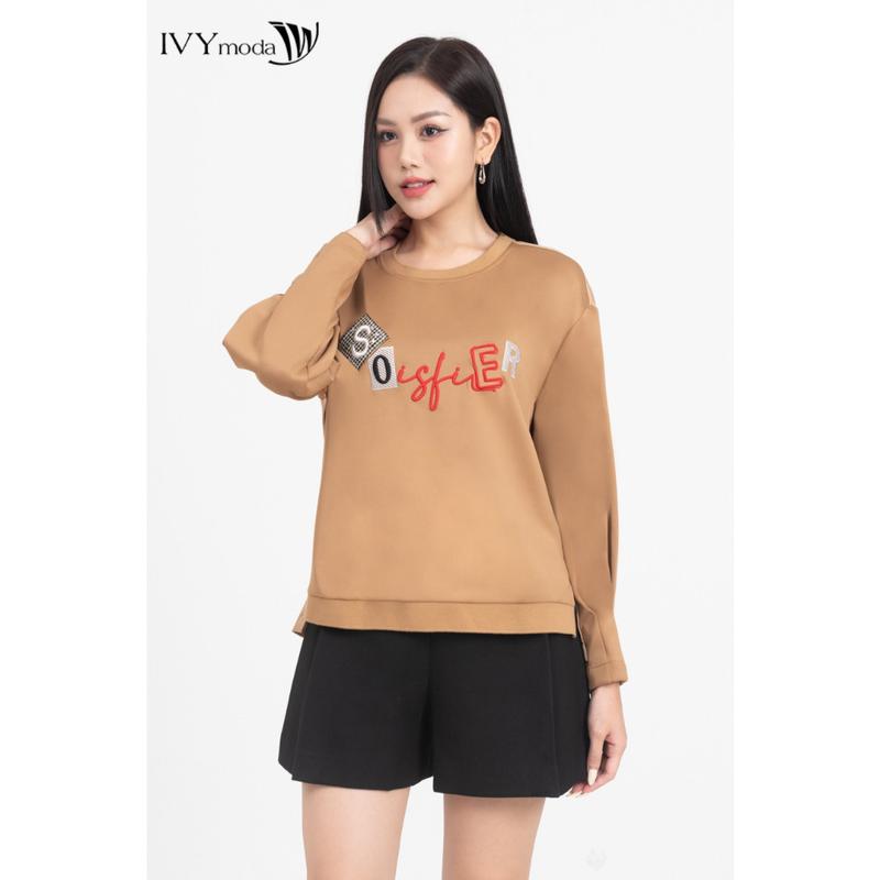 Áo thun dài tay dáng suông đính chữ Soisfeir Áo thun Thu Đông nữ IVY moda MS 58B9470
