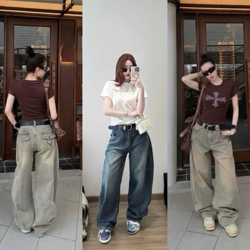 HAP(S-2XL)Quần jeans ống rộng phối túi nắp thêu 2 màu với 2 chiều dài 95 và 103cm .Mã 282 | BigBuy360 - bigbuy360.vn