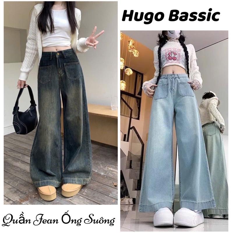 [BIG SIZE 35-80KG] Quần Jean Ống Rộng Nữ Túi Trước Bản Gấu To Màu Xanh Rêu Retro Và Màu Xanh Nhạt