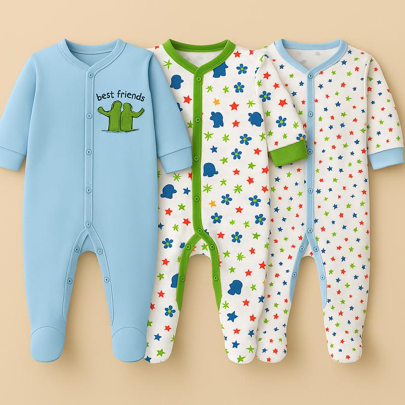 COMBO body sleep suit áo liền tất bé trai hoa tiết Khùng Long chất Cotton thấm hút mồ hôi thoáng khí thoải mái cho trẻ mới tập đi mặc mùa hè thu cho trẻ sơ sinh. Vải Cotton