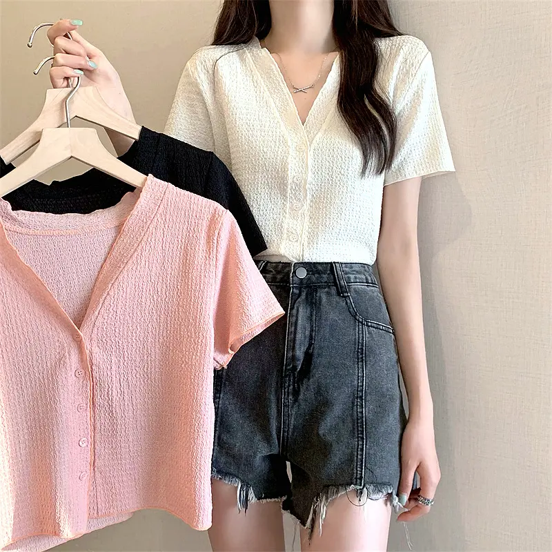 Áo Thun Ngắn Tay Cho Nữ, Thiết Kế Xếp Li, Cổ Chữ V, Có Cúc, Mỏng