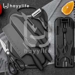 HAYYLIFE BLACK Set Pisau Stainless Steel 5 in 1 - Dengan Talenan Gaya Retro Perlengkapan Alat Knife Set + Pengupas/Pisau Buah Kitchenware HL-AAC609