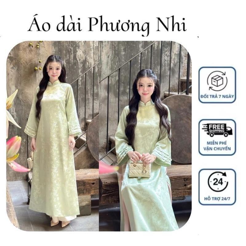  Áo dài tơ trúc xanh cốm cách điệu tay áo- áo xanh quần trắng- Áo dài Phương Nhi 