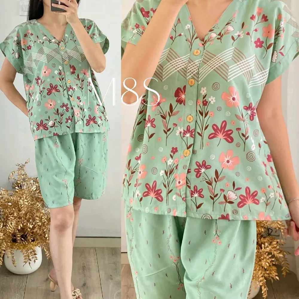 PROMO. LD 110 & LD 120. PIYAMA BABYDOLL PENDEK. BUSUI FULL KANCING VNECK RAYON BATIK RING