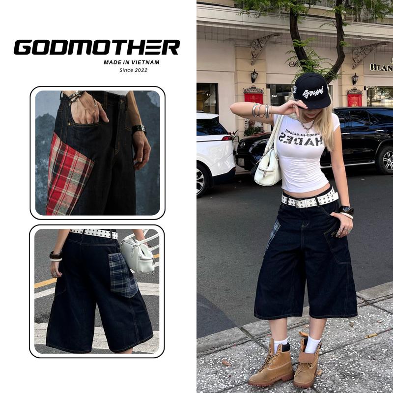 Quần Wide Leg Phối Túi Kẻ GODMOTHER Quần Short Jeans Phối Kẻ Xanh Kẻ Đỏ Phong Cách Hiphop Streetwear